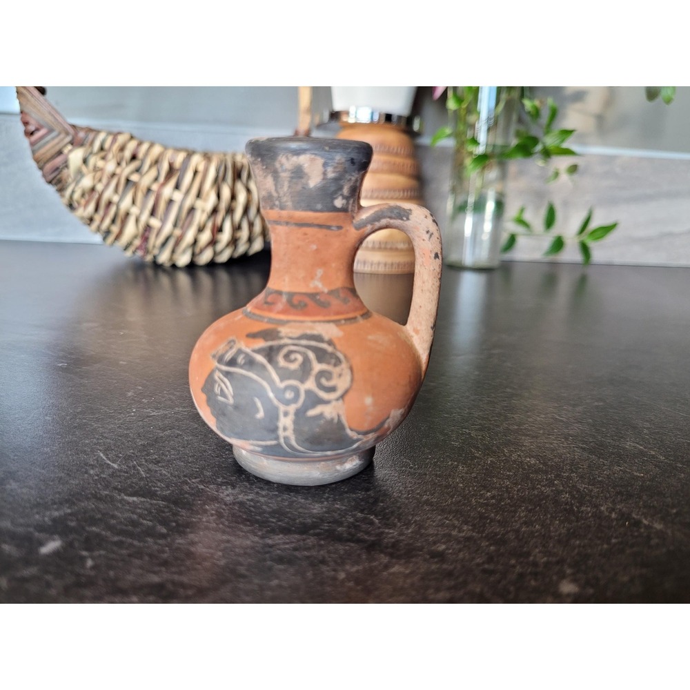 Vintage Greek Style Terracotta Miniature Jug Hand Painted Helmeted Figure 3"